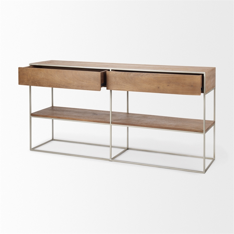 Pemberly Row 63x15 Brown Wood and Silver Metal Frame Two Drawer Sideboard
