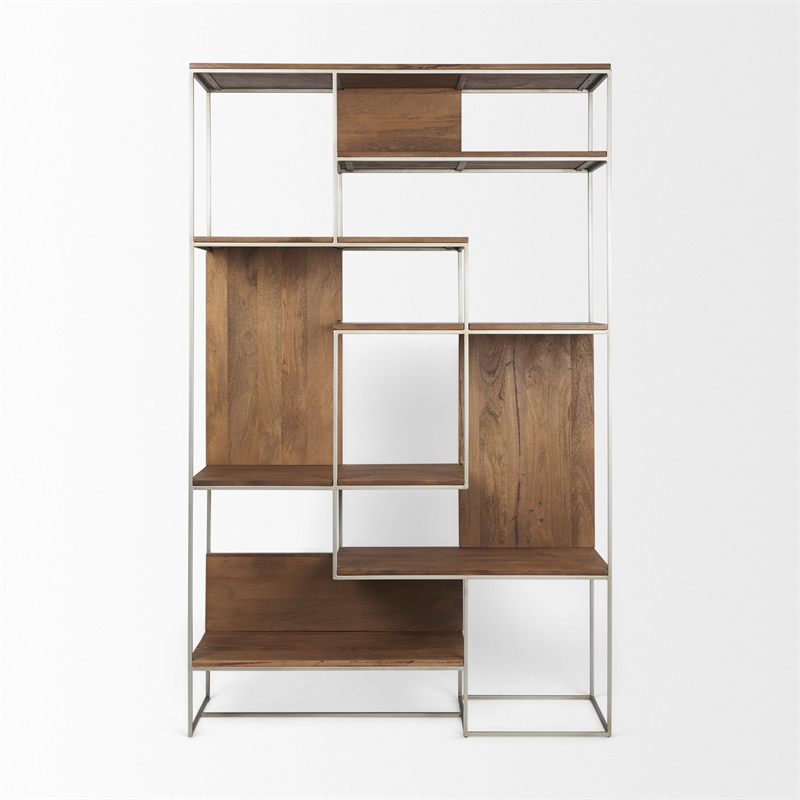 Pemberly Row Metal Frame 6 Shelf Shelving Unit in Brown and Silver