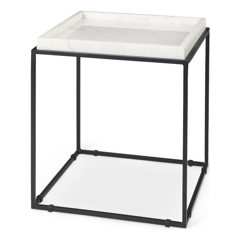 Pemberly Row Square Top White Marble and Black Metal End/Side Table
