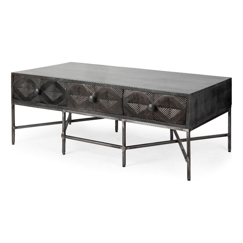 Pemberly Row Solid Wood Top Iron Metal Coffee Table in Brown