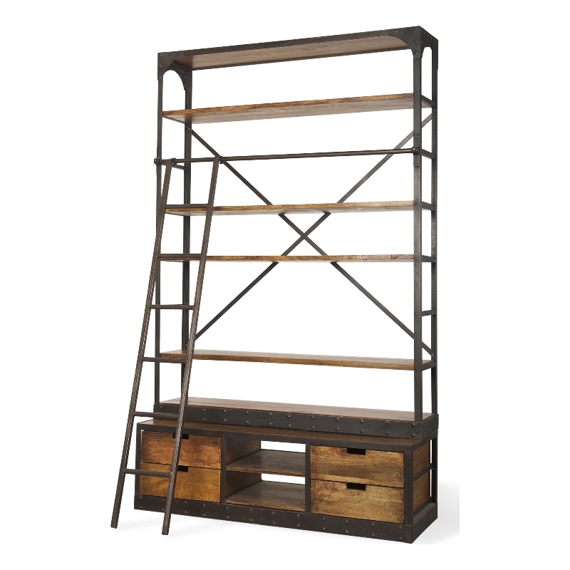 Pemberly Row Contemporary Wood Copper Ladder Shelving Unit in Brown