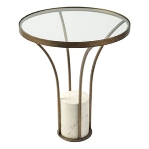 Pemberly Row 21&quot Round Glass Top Marble Pedestal End Table in White