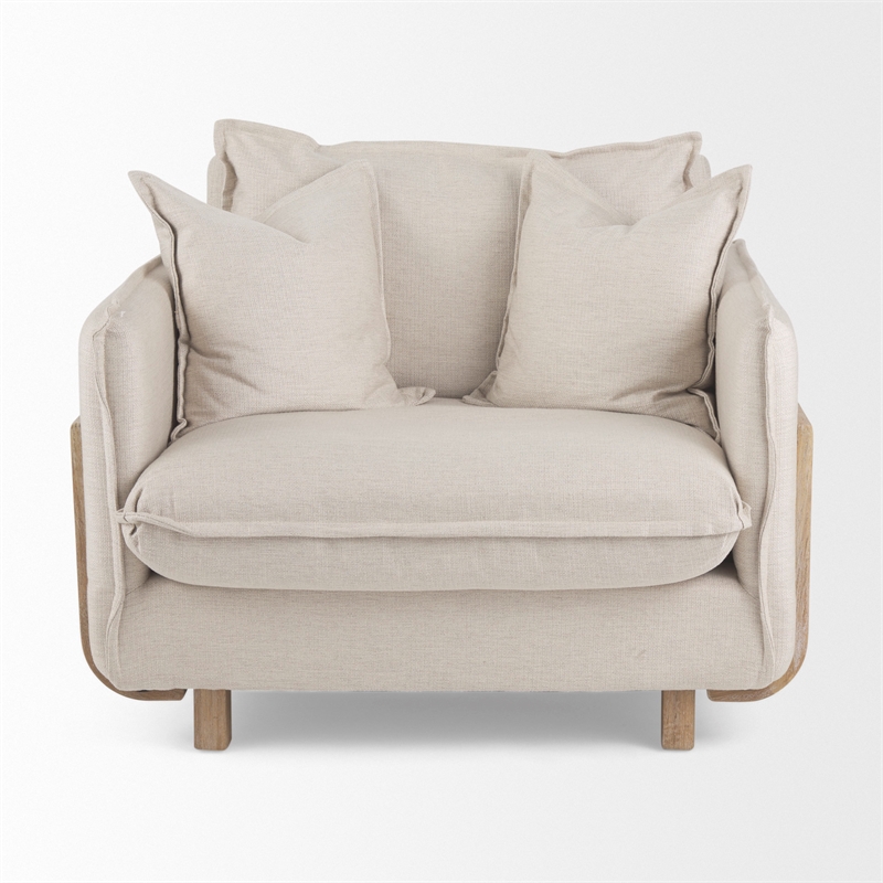 Pemberly Row Mid-Century Cream Fabric Wood Arm Chair in Brown