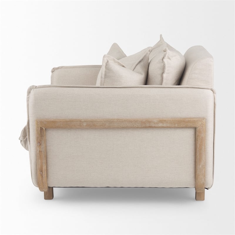 Pemberly Row Mid-Century Cream Fabric Wood Arm Chair in Brown