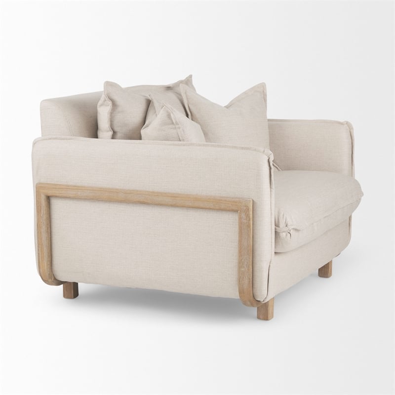 Pemberly Row Mid-Century Cream Fabric Wood Arm Chair in Brown