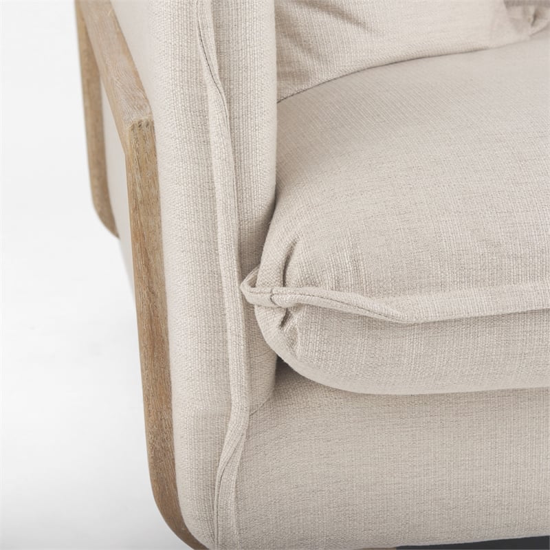 Pemberly Row Mid-Century Cream Fabric Wood Arm Chair in Brown
