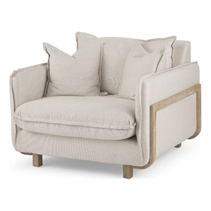 Pemberly Row Mid-Century Cream Fabric Wood Arm Chair in Brown