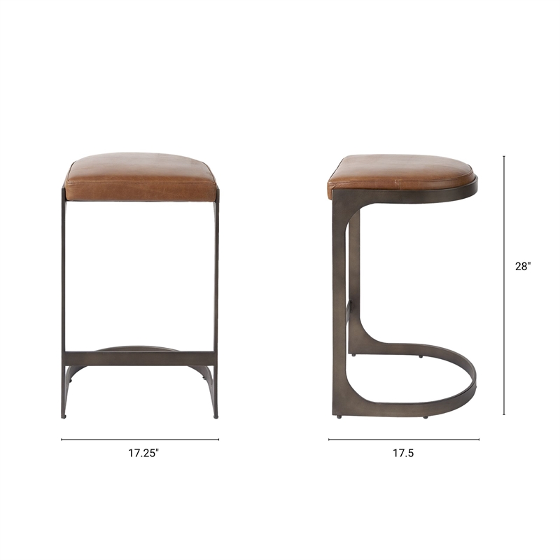 Pemberly Row 17Lx18Wx28H Medium Brown Leather with Gun Metal Gray Base Stool