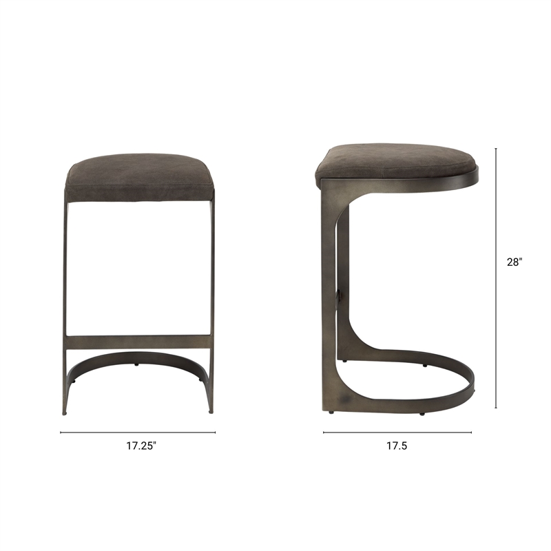Pemberly Row 17Lx18Wx28H Dark Brown Leather with Gun Metal Gray Base Stool