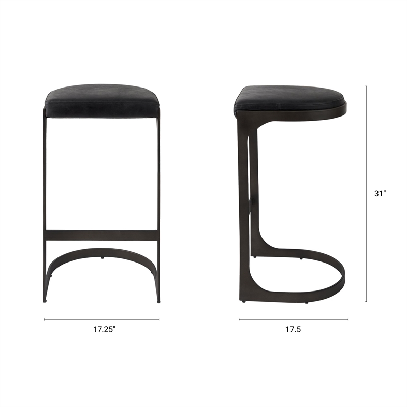 Pemberly Row 17Lx18Wx31H Black Leather with Gunmetal Gray Base Stool