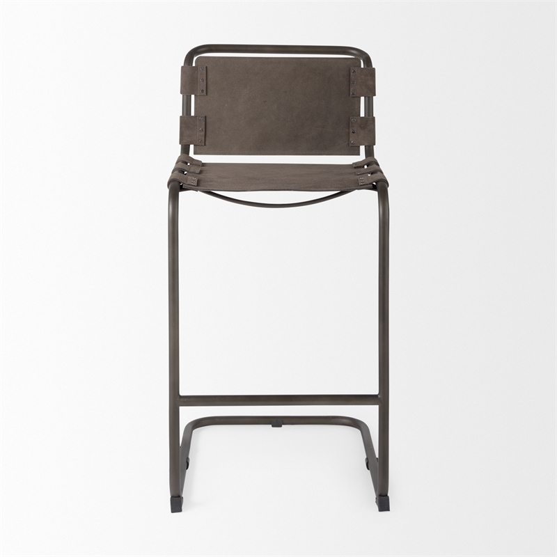 Pemberly Row 21Lx25Wx42H Dark Brown Leather with Gun Metal Gray Frame Stool