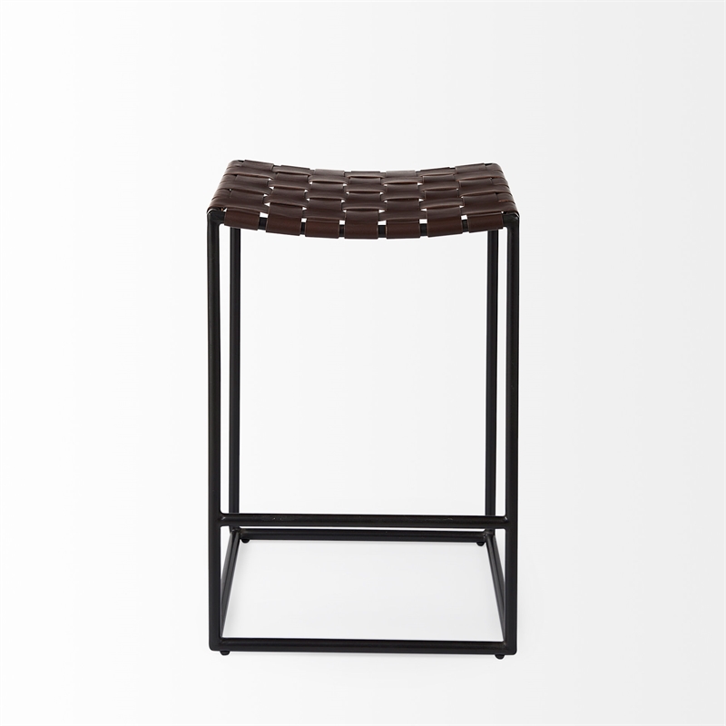 Pemberly Row 18Lx16Wx26H Dark Brown Woven Leather with Black Iron Frame Stool