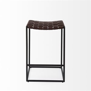 Pemberly Row 18Lx16Wx26H Dark Brown Woven Leather with Black Iron Frame Stool