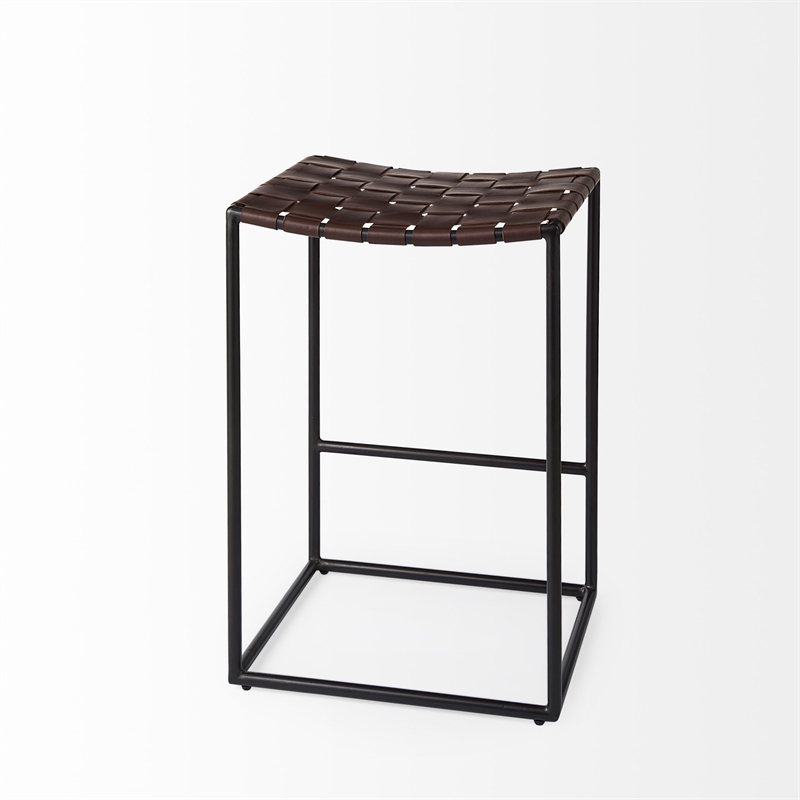 Pemberly Row 18Lx16Wx26H Dark Brown Woven Leather with Black Iron Frame Stool