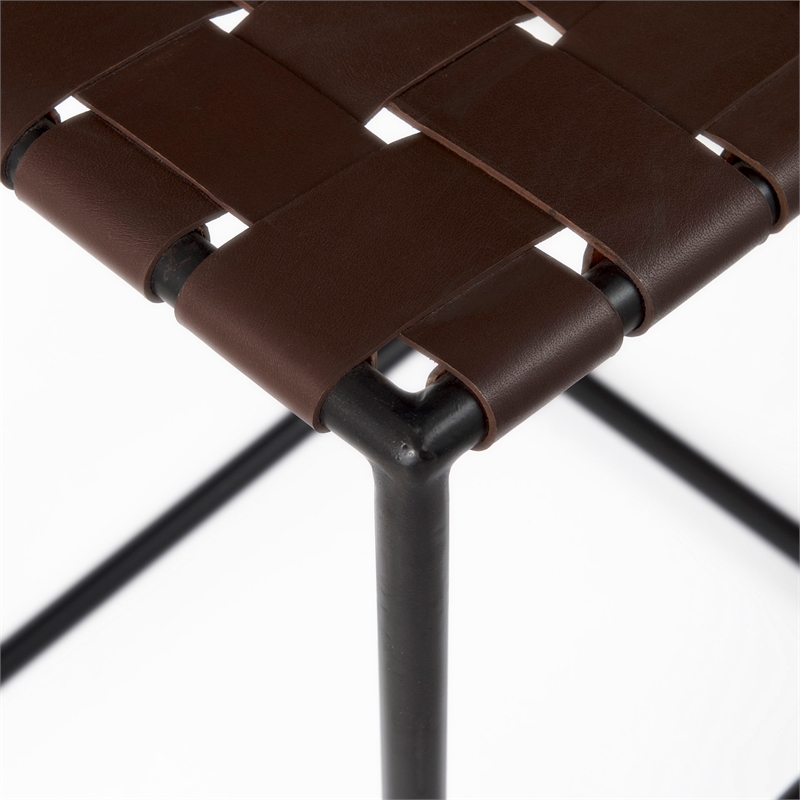 Pemberly Row 18Lx16Wx26H Dark Brown Woven Leather with Black Iron Frame Stool
