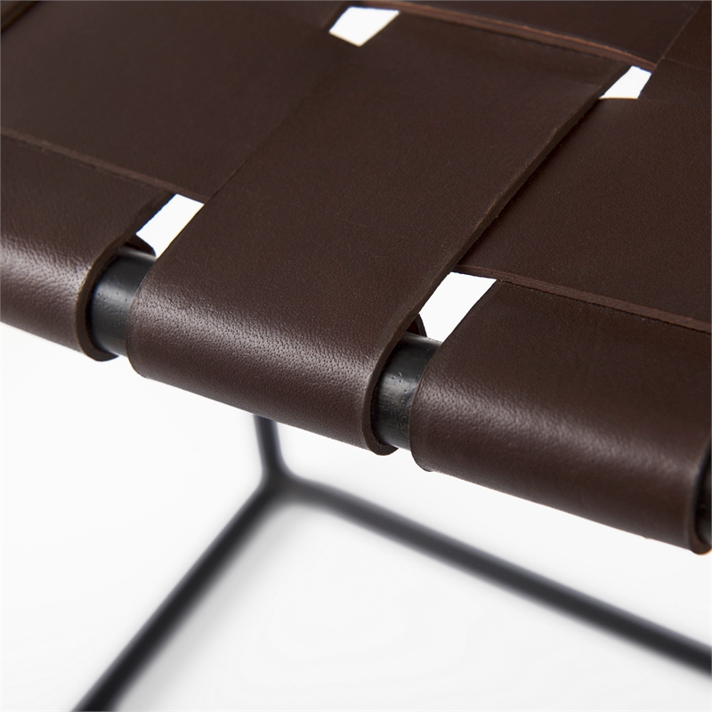 Pemberly Row 18Lx16Wx26H Dark Brown Woven Leather with Black Iron Frame Stool