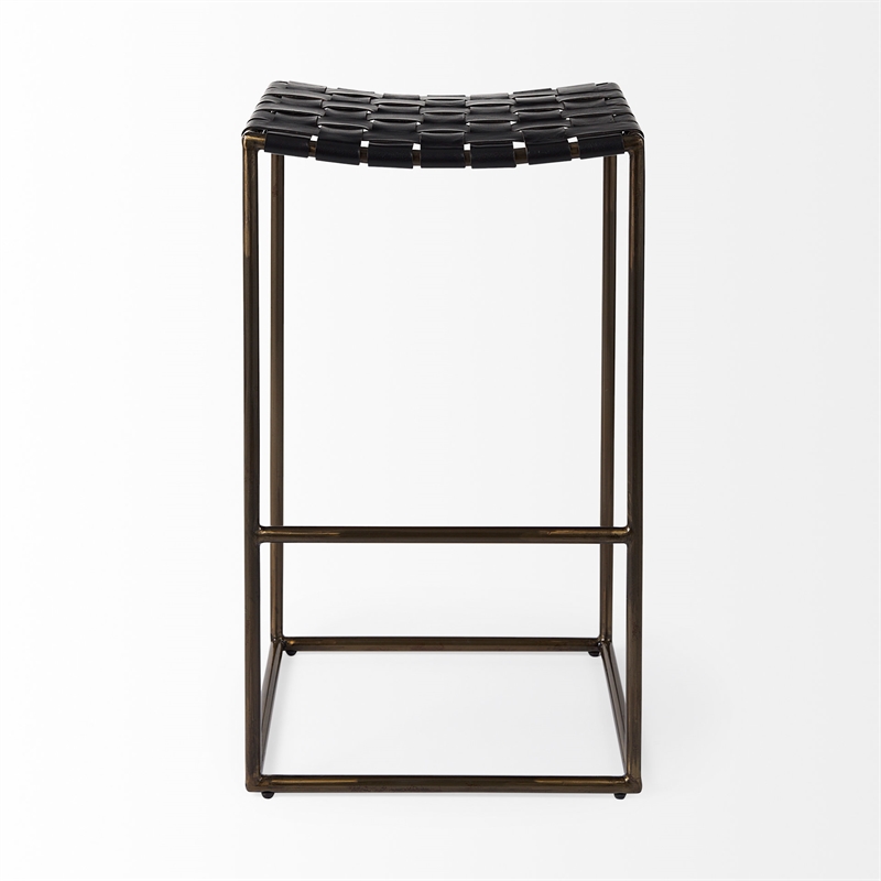 Pemberly Row 18Lx16Wx30H Black Woven Leather with Iron Frame Stool