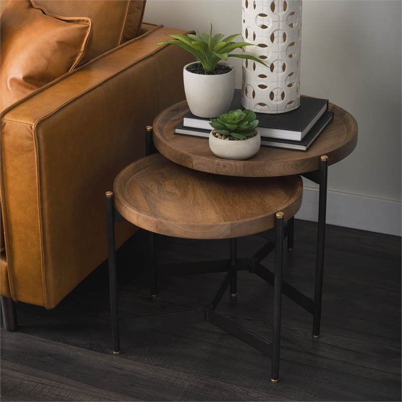 Pemberly Row 22.5Lx22.5Wx20.8H Brown Wood & Black Metal Base Nesting Side Tables