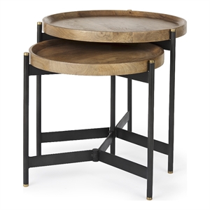 Pemberly Row 22.5Lx22.5Wx20.8H Brown Wood & Black Metal Base Nesting Side Tables