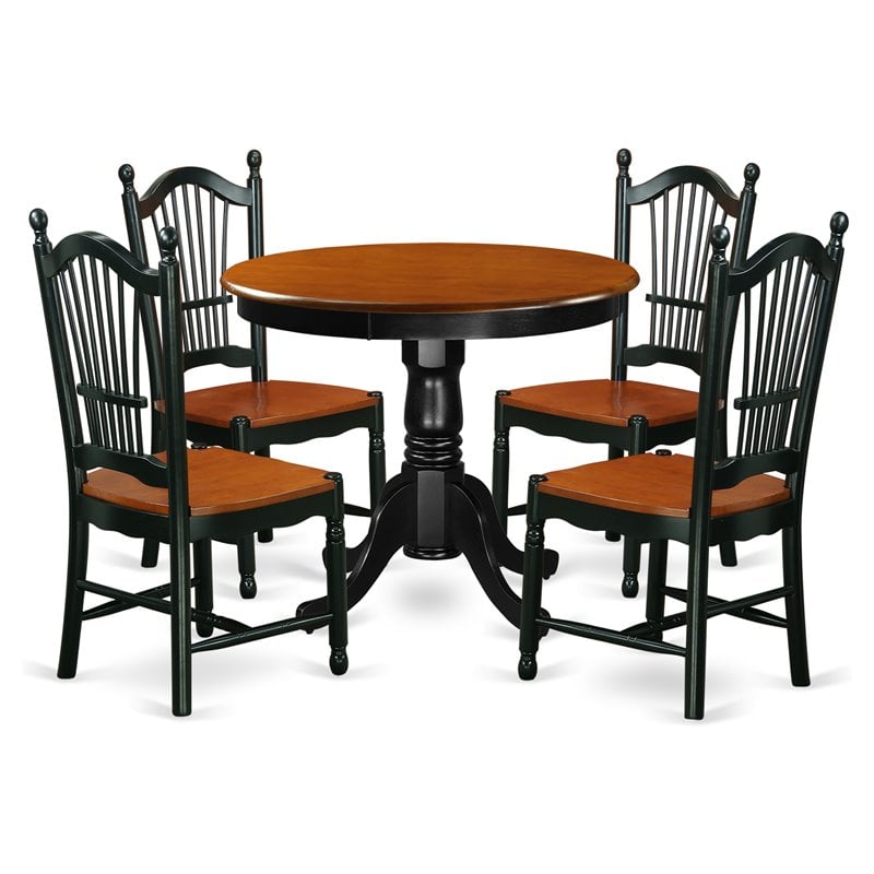 Pemberly Row Antique 5-piece Dining Set with Wood Seat in Black/Cherry