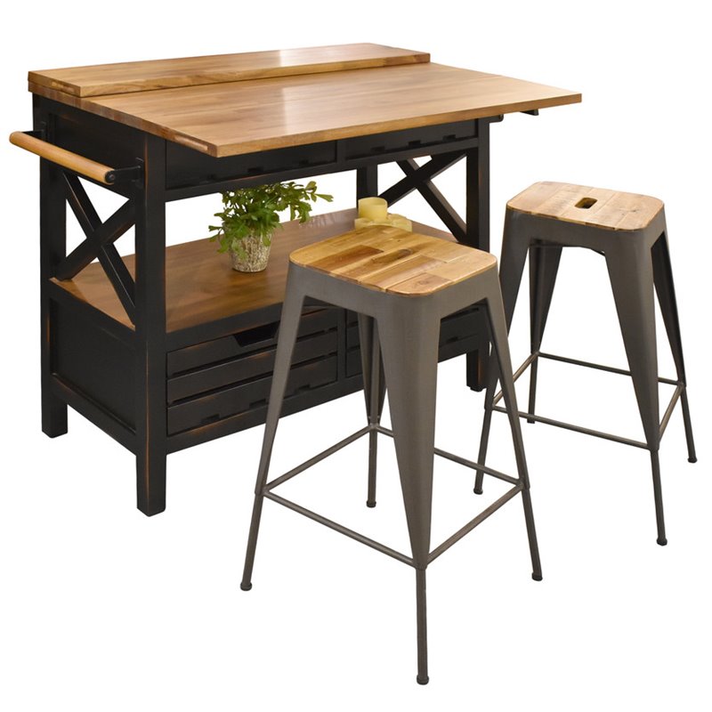 Pemberly Row Modern Farmhouse Wood Kitchen Island in Black Finish