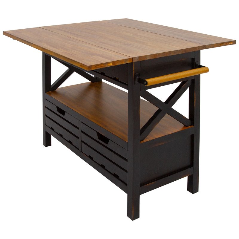 Pemberly Row Modern Farmhouse Wood Kitchen Island in Black Finish