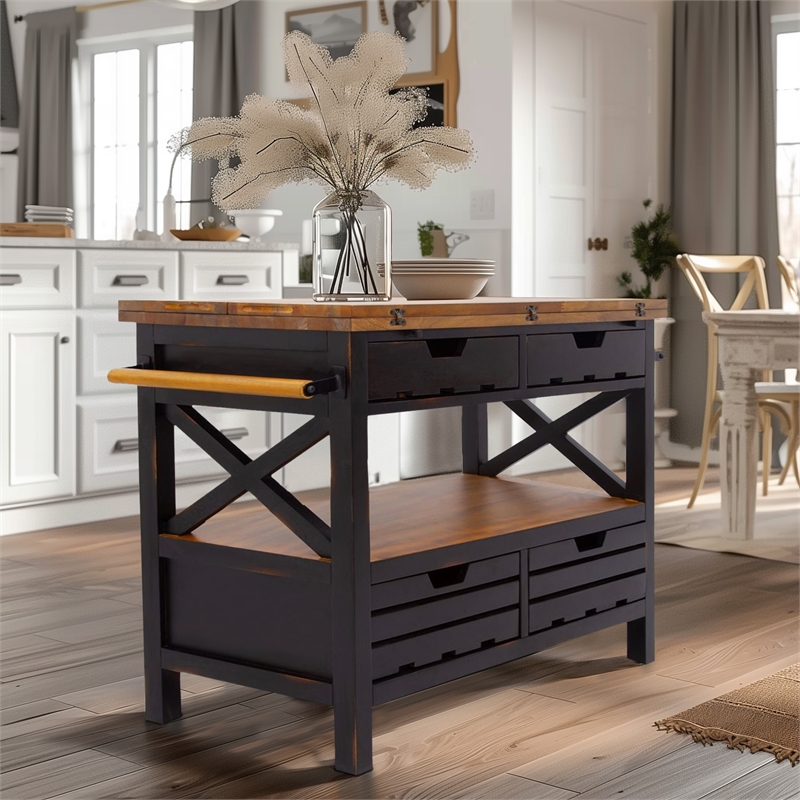 Pemberly Row Modern Farmhouse Wood Kitchen Island in Black Finish
