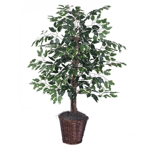 Pemberly Row 4' Artificial Variegated Ficus Bush w/ Rattan Basket in Green/White