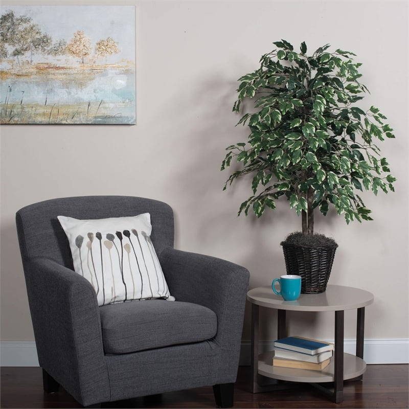 Pemberly Row 4' Artificial Variegated Ficus Bush w/ Rattan Basket in Green/White