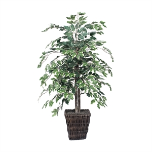Pemberly Row 4' Artificial Variegated Ficus Bush w/ Willow Basket in Green/White