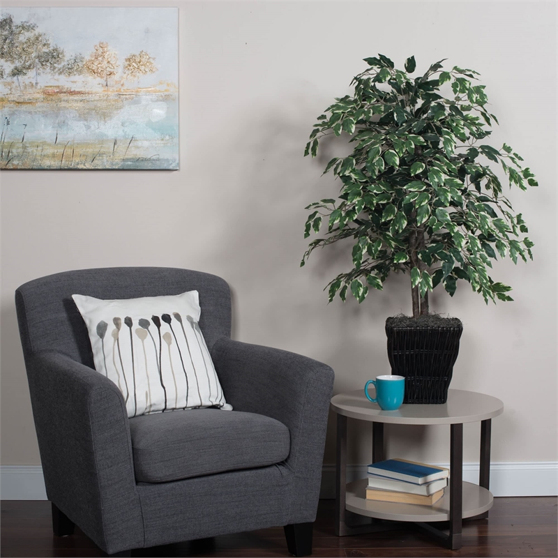 Pemberly Row 4' Artificial Variegated Ficus Bush w/ Willow Basket in Green/White