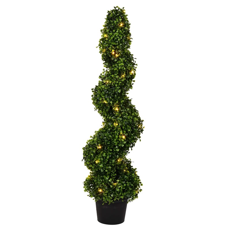 Pemberly Row 3' Plastic Artificial Potted Boxwood Spiral Tree with LED in Green