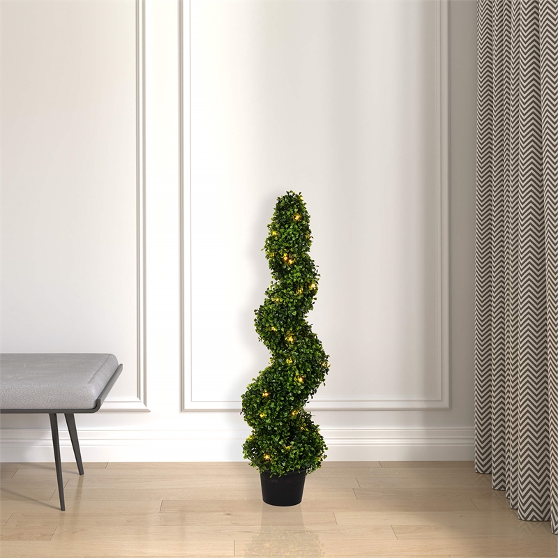 Pemberly Row 3' Plastic Artificial Potted Boxwood Spiral Tree with LED in Green
