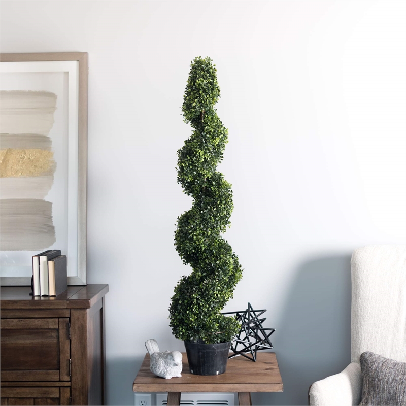 Pemberly Row 4' Plastic Artificial Potted Boxwood Spiral Tree in Green
