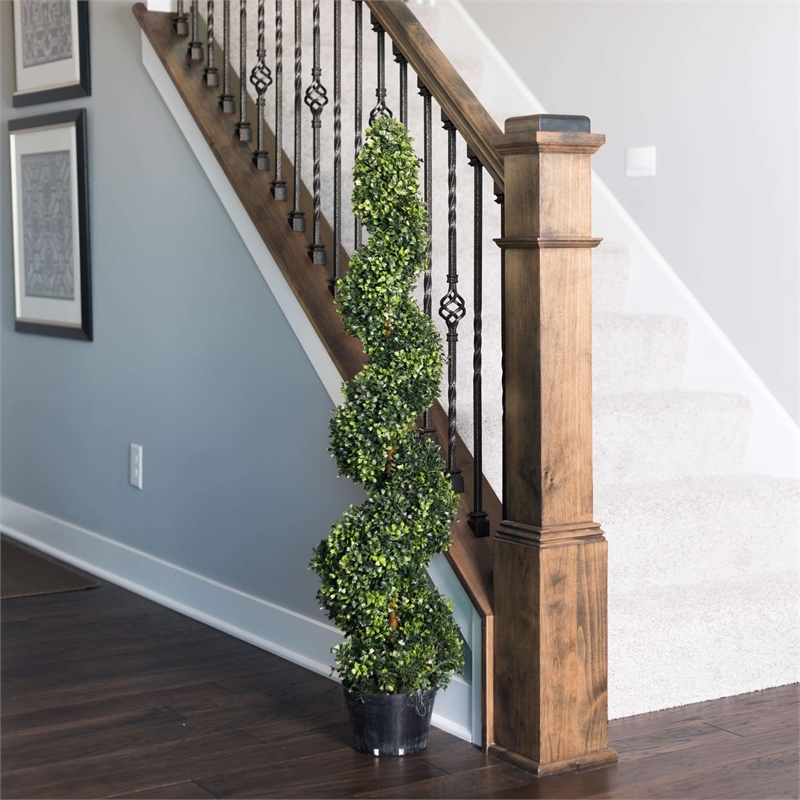 Pemberly Row 4' Plastic Artificial Potted Boxwood Spiral Tree in Green