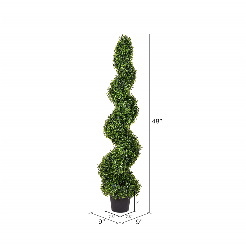 Pemberly Row 4' Plastic Artificial Potted Boxwood Spiral Tree in Green