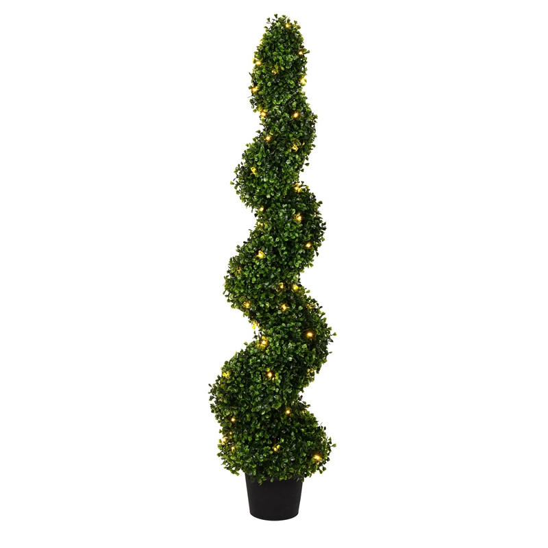 Pemberly Row 4' Plastic Artificial Potted Boxwood Spiral Tree with LED in Green