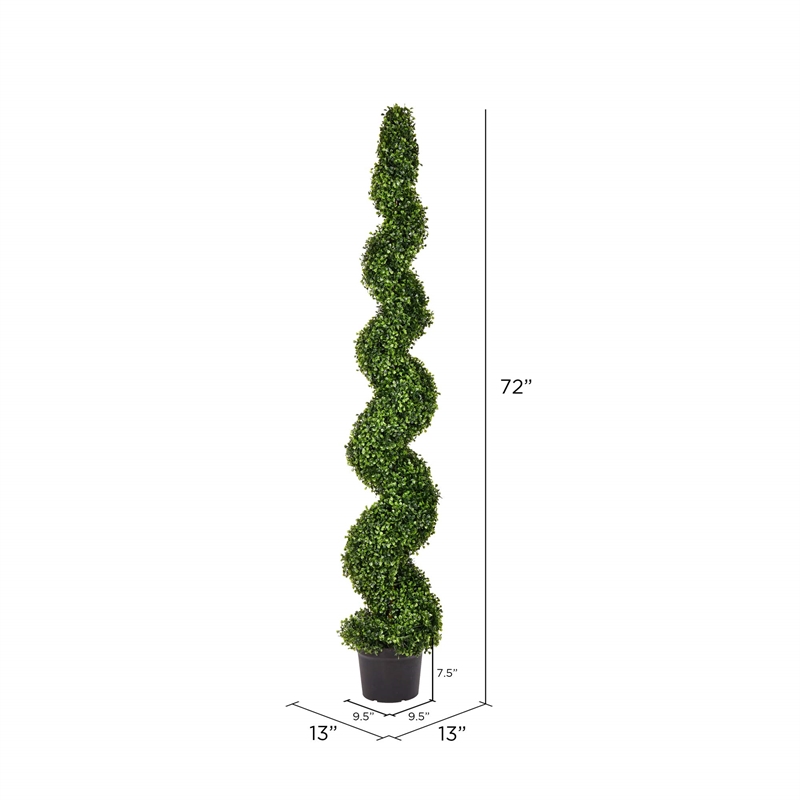 Pemberly Row 6' Plastic Artificial Potted Boxwood Spiral Tree in Green
