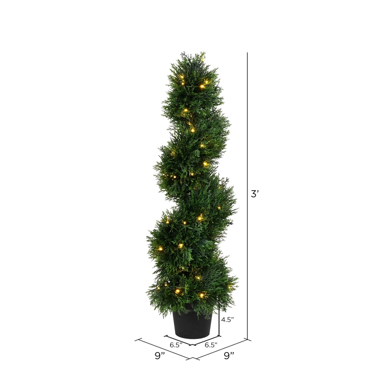 Pemberly Row 3' Plastic Artificial Potted Cedar Spiral Tree with LED in Green