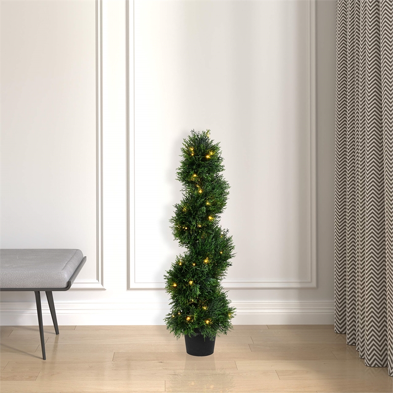 Pemberly Row 3' Plastic Artificial Potted Cedar Spiral Tree with LED in Green