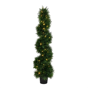 Pemberly Row 4' Plastic Artificial Potted Cedar Spiral Tree with LED in Green