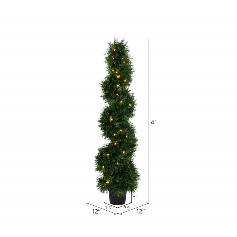 Pemberly Row 4' Plastic Artificial Potted Cedar Spiral Tree with LED in Green