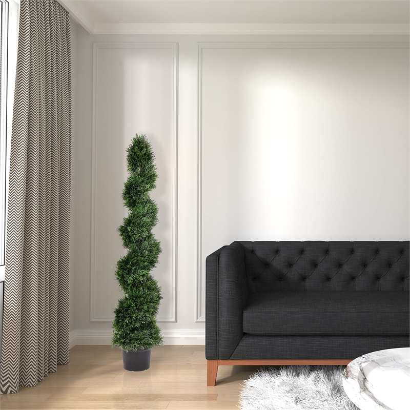 Pemberly Row 5' Plastic Artificial Potted Cedar Spiral Tree in Green