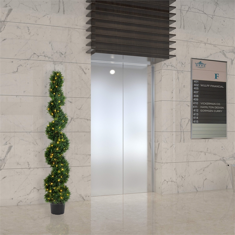 Pemberly Row 6' Plastic Artificial Potted Cedar Spiral Tree with LED in Green