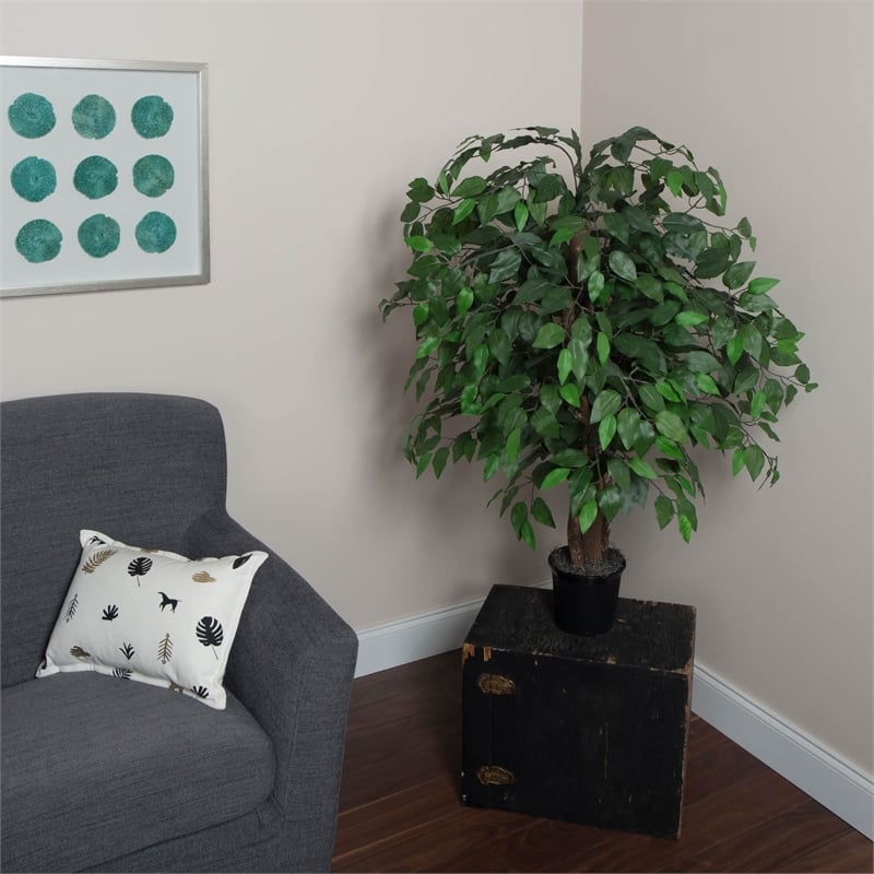 Pemberly Row 4' Artificial Ficus Extra Full Bush with Basket in Dark Green