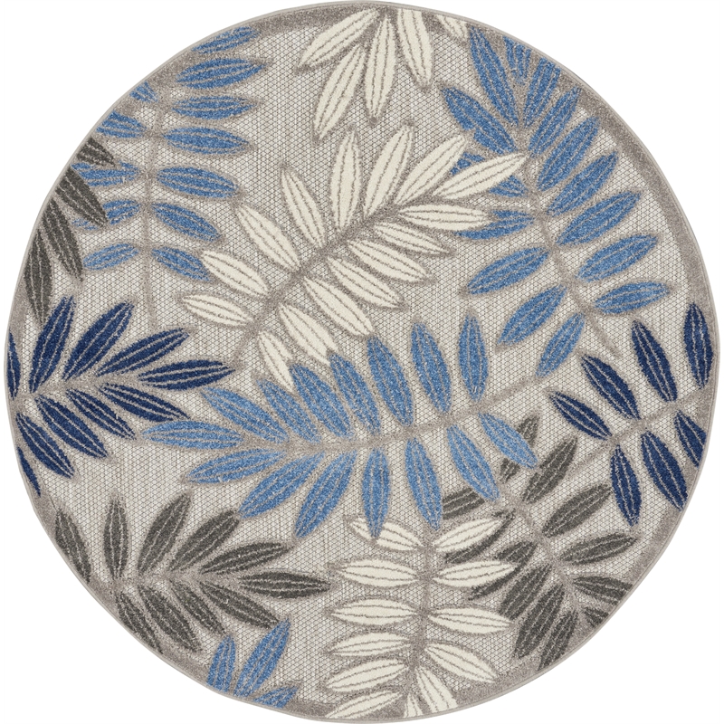 Pemberly Row Contemporary 4' Round Gray/Blue Indoor/Outdoor Rug