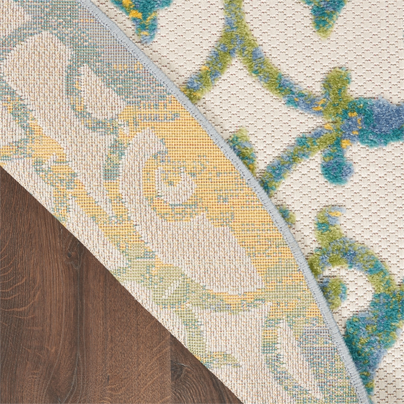 Pemberly Row Contemporary 4' Round Ivory Blue Indoor/Outdoor Rug