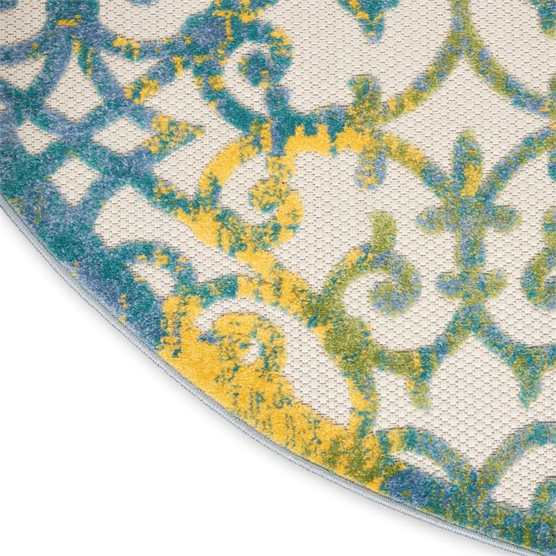 Pemberly Row Contemporary 4' Round Ivory Blue Indoor/Outdoor Rug