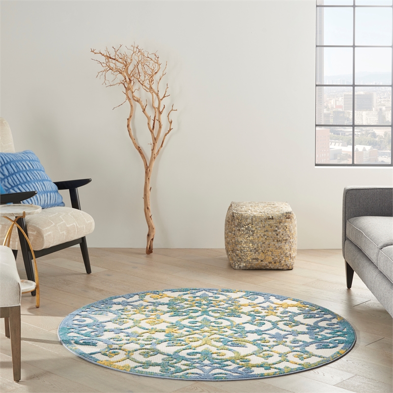 Pemberly Row Contemporary 4' Round Ivory Blue Indoor/Outdoor Rug