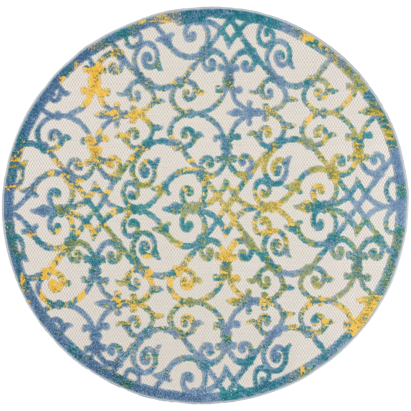 Pemberly Row Contemporary 4' Round Ivory Blue Indoor/Outdoor Rug